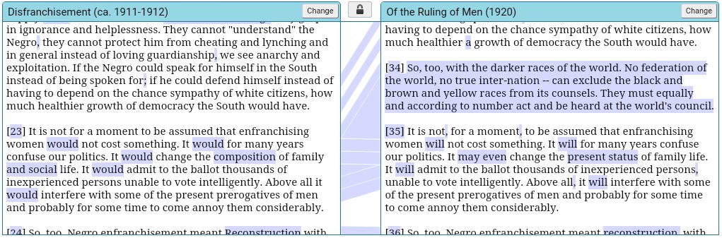 Du Bois's 'Disfranchisement' collated with 'Of the Ruling of Men' (Juxta collation software)