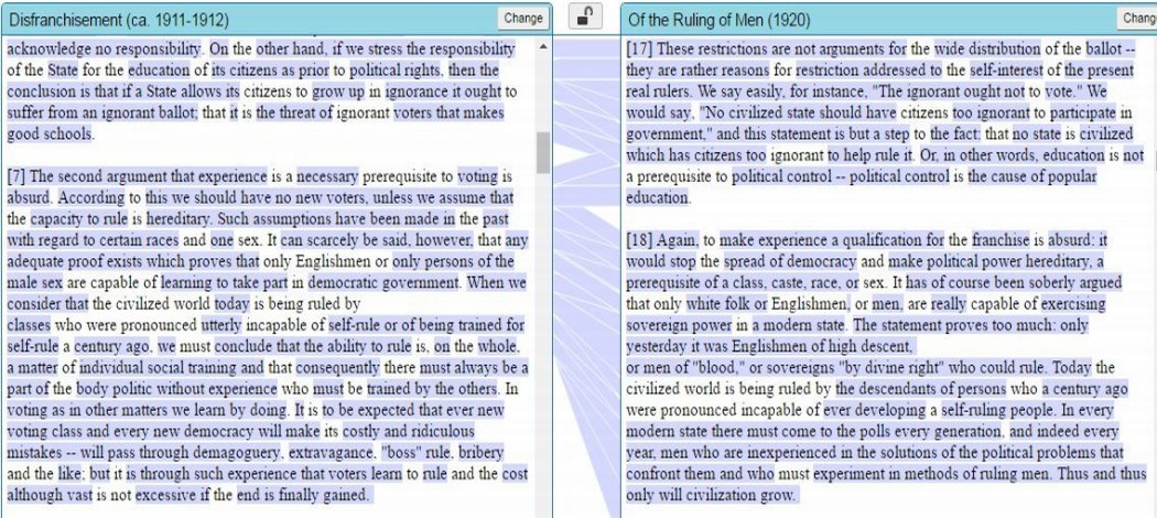 Du Bois's 'Disfranchisement' collated with 'Of the Ruling of Men' (Juxta collation software)