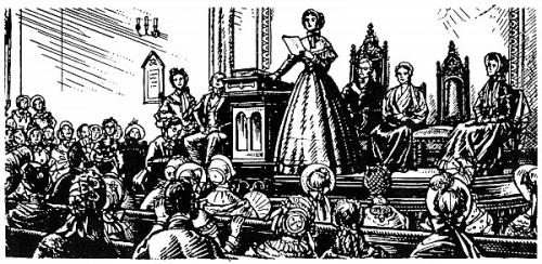 Line drawing: Seneca Falls Meeting, 1848 (by Granger)